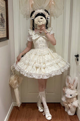 Beige [Sweet Mist Cherry Romance] Sleeveless Multi-Layered Hanayome Bow Lace Lolita Jsk Dress - Product - 4