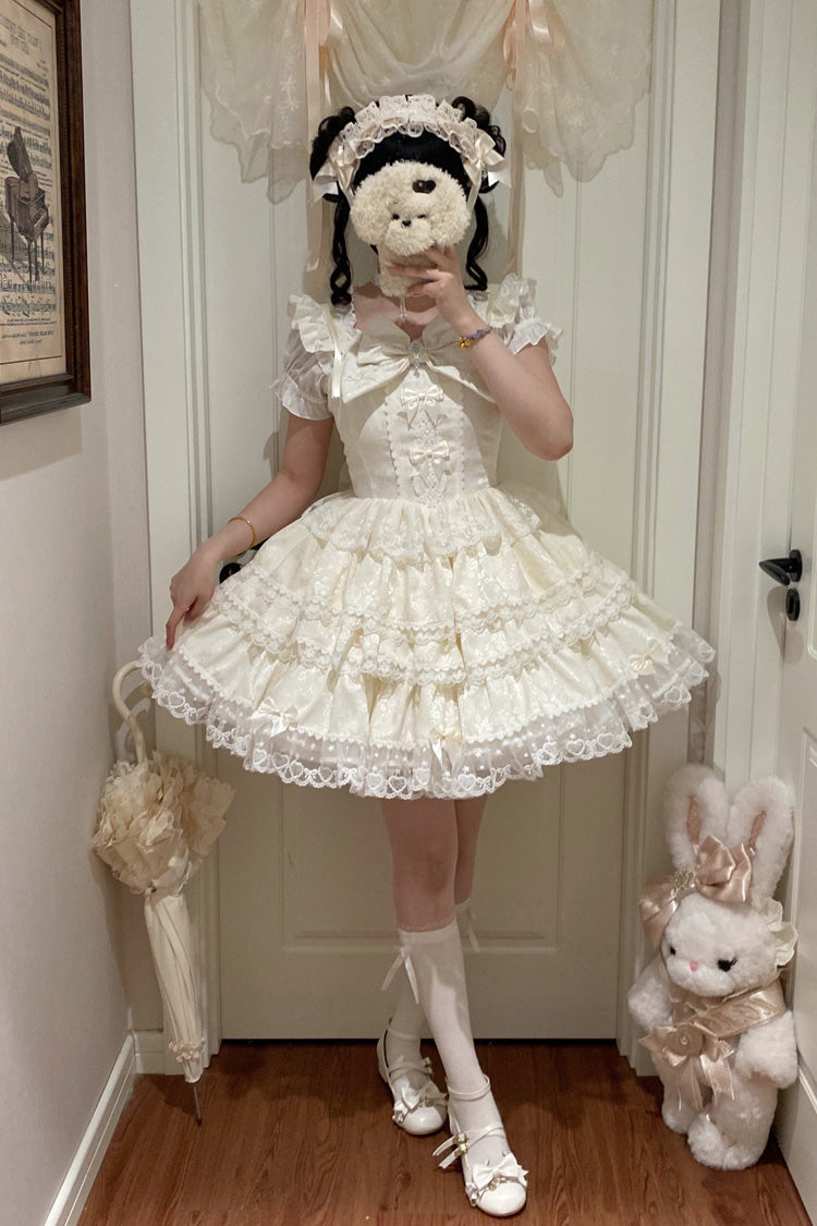 Beige [Sweet Mist Cherry Romance] Sleeveless Multi-Layered Hanayome Bow Lace Lolita Jsk Dress - Product - 4
