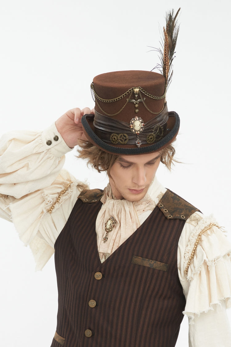 Brown Chain-Decorated Men's Gothic Accessory Gear Feather Top Hat - Brown - 1