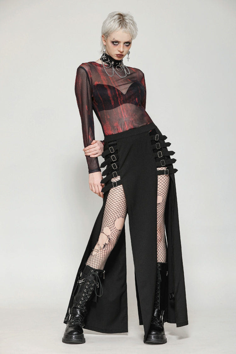 Black Buckled Zippered Women's Punk Side Slit Long Skirt - Black - 1