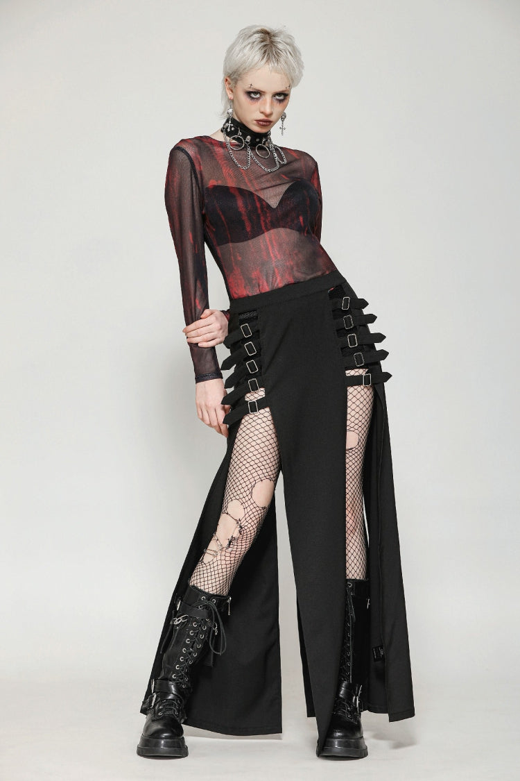 Black Buckled Zippered Women's Punk Side Slit Long Skirt - Black - 1