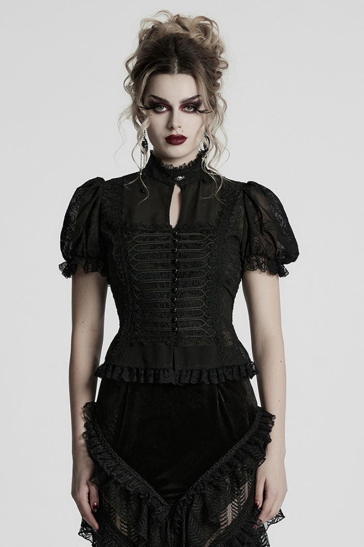 Black Stand Collar Long Puff Sleeves Jacquard Lace Women's Gothic Blouse - Black - 1