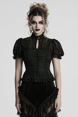 Black Stand Collar Long Puff Sleeves Jacquard Lace Women's Gothic Blouse - Black - 1