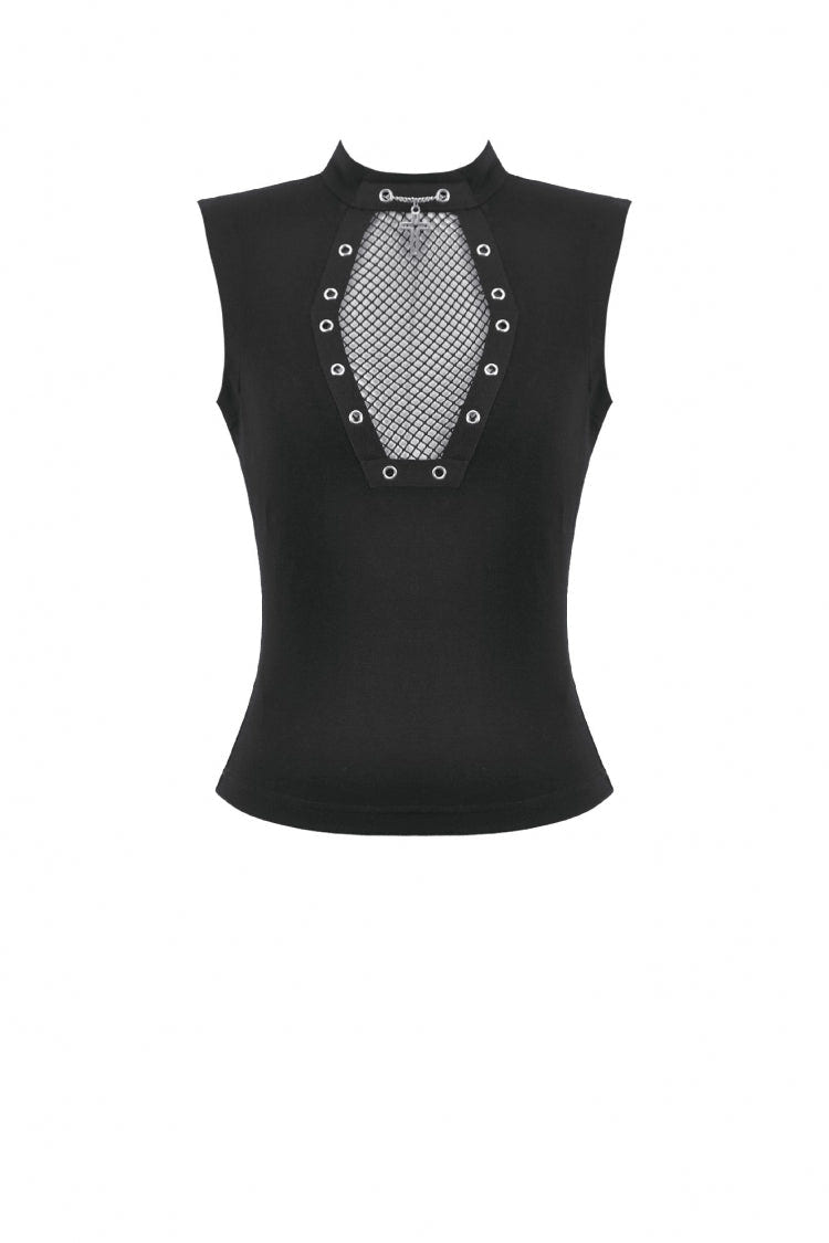 Black Women's Punk Cross Eyelet Cut-Out Coffin Mesh Splice Tank Top - Product - 3