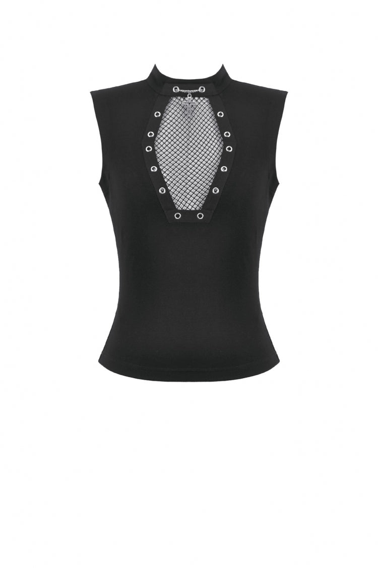 Black Women's Punk Cross Eyelet Cut-Out Coffin Mesh Splice Tank Top - Product - 3