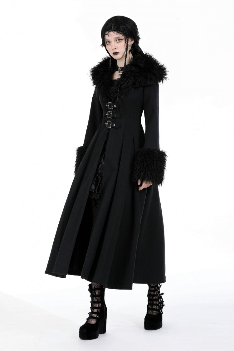 Black Long Sleeves Lace-Up Buckled Women's Gothic Draped Coat with Faux Fur Collar - Product - 6