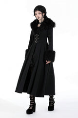 Black Long Sleeves Lace-Up Buckled Women's Gothic Draped Coat with Faux Fur Collar - Product - 6