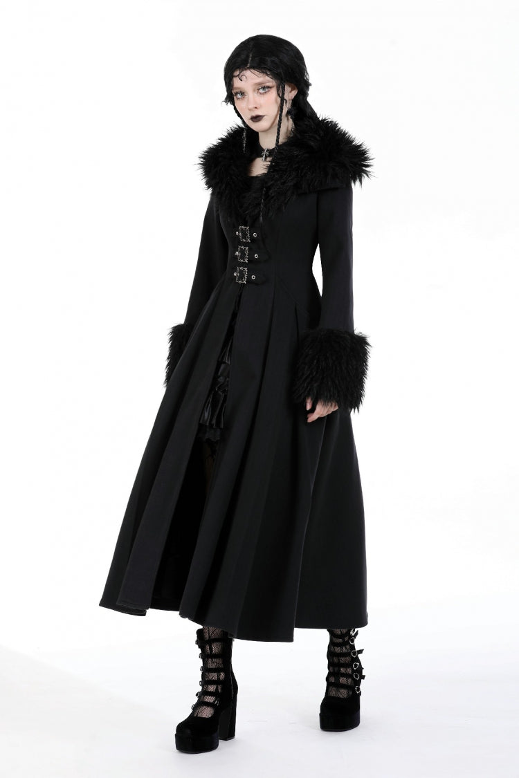 Black Long Sleeves Lace-Up Buckled Women's Gothic Draped Coat with Faux Fur Collar - Product - 6