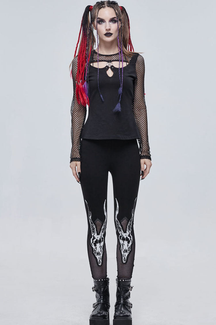 Black Gothic Stretch Knitted Fabric Spliced Mesh Devil Sheep Head Pattern Printing Women's Leggings - Product - 7