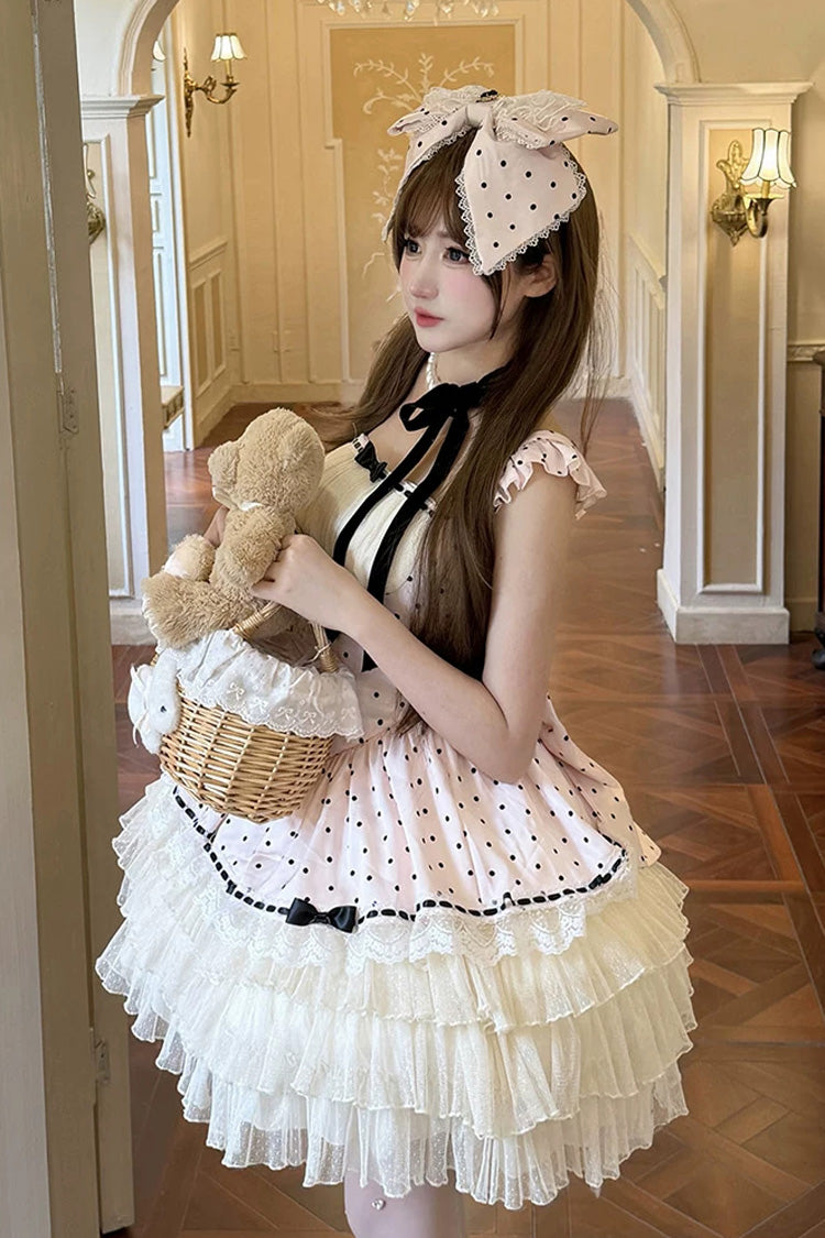 Pink [Polka Dot Waltz] Square Collar Flutter Sleeves Triple-Layered Printed Ruffled Bow Sweet Lolita Jsk Dress - Product - 2