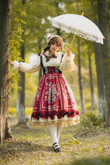 Wine Red [Ode to Plenty] Berries and Birds Print Ruffle Bowknot Velvet Classic Lolita Breast Support Jsk Dress - Product - 8