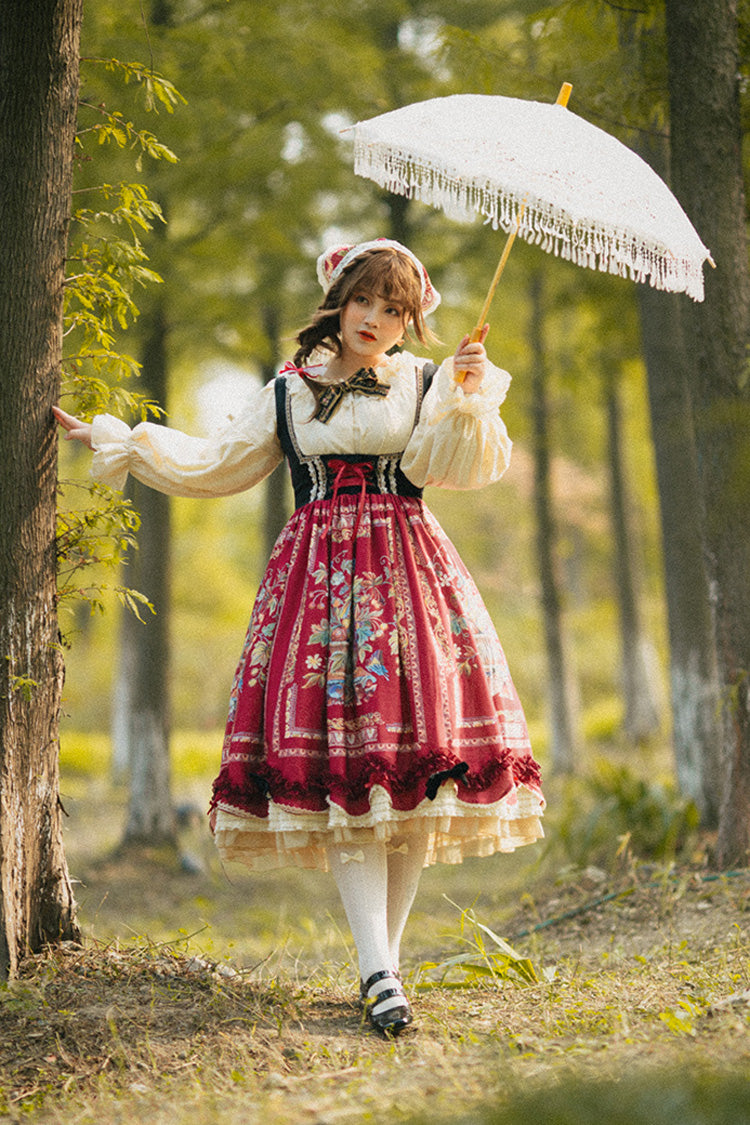 Wine Red [Ode to Plenty] Berries and Birds Print Ruffle Bowknot Velvet Classic Lolita Breast Support Jsk Dress - Product - 8