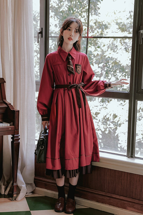 Vintage College Style Lapel Collar Long Sleeves Double Paneled Hem Sweet Lolita Dress - Product - 3