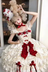 Apricot [Berry Endless] Square Collar Sleeveless Multi-Layered Ruffled Embroidered Bow Lace Sweet Lolita Jsk Dress - Product - 5
