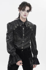 Black Cross Spider Turn-down Collar Long Trumpet Sleeves Printed Lace Men's Gothic Shirt - Product - 9