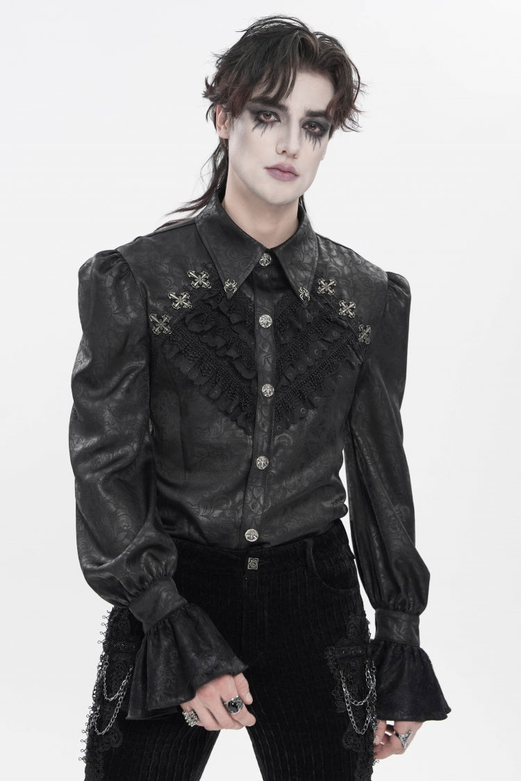 Black Cross Spider Turn-down Collar Long Trumpet Sleeves Printed Lace Men's Gothic Shirt - Product - 9
