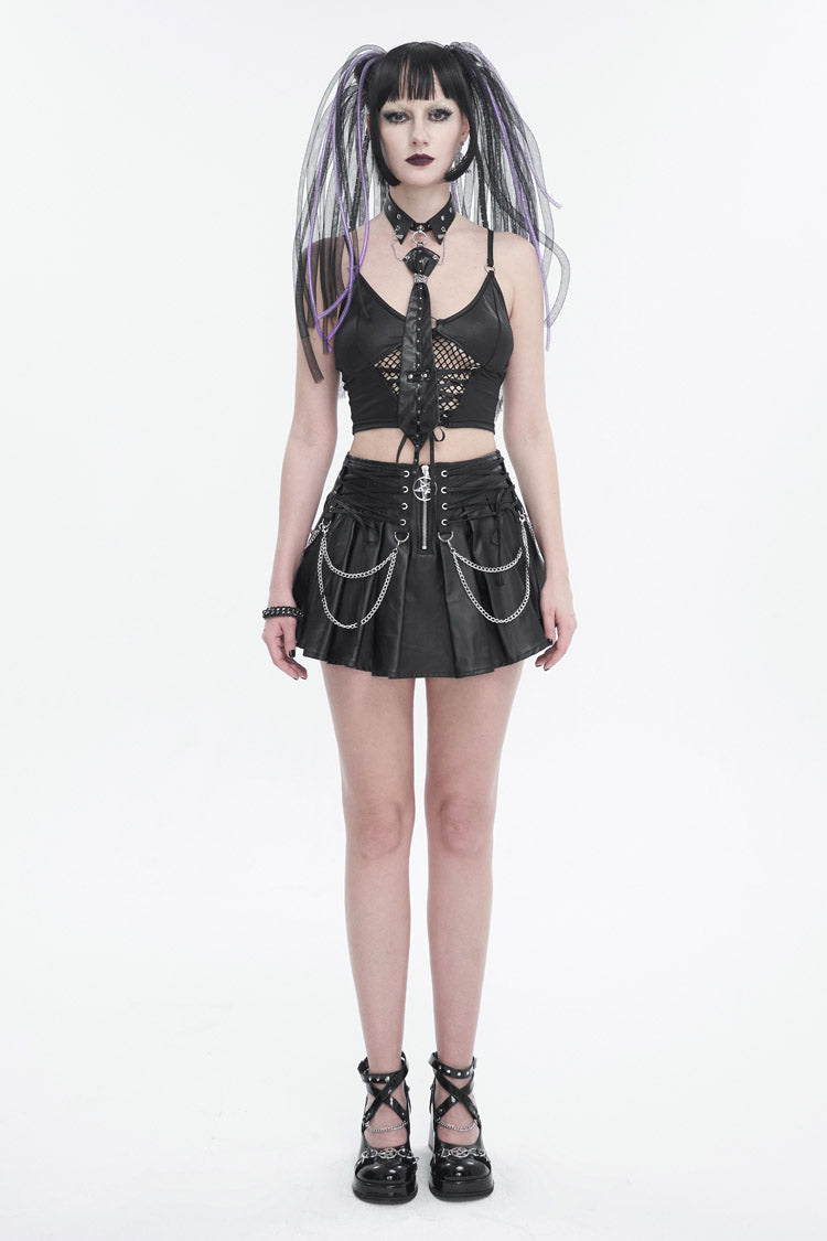 Black Faux Leather Web Eyelet Adjustable String Chain Pleated Women's Gothic Skirt - Product - 5