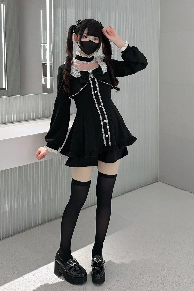 Black [Twilight Prelude] Long Sleeves Ruffled Bow Lace Jirai Kei Japanese Dress and Shorts Set - Product - 7