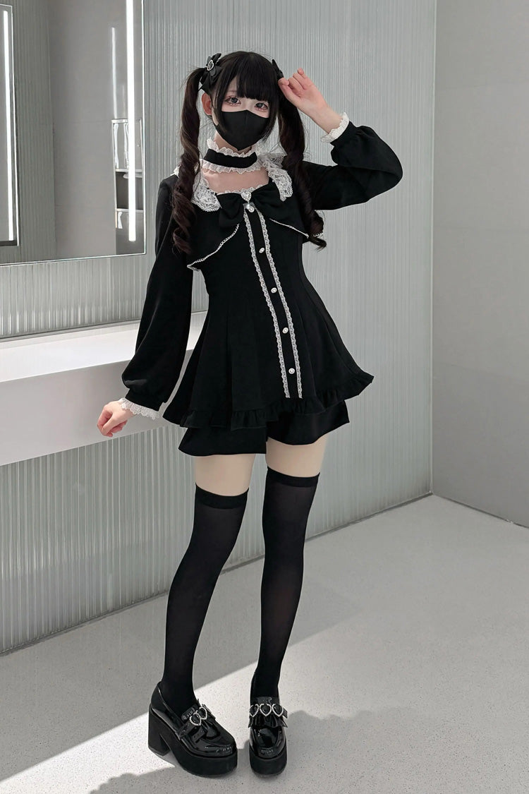 Black [Twilight Prelude] Long Sleeves Ruffled Bow Lace Jirai Kei Japanese Dress and Shorts Set - Product - 7