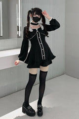Black [Twilight Prelude] Long Sleeves Ruffled Bow Lace Jirai Kei Japanese Dress and Shorts Set - Product - 7