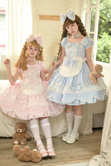 Pink [Petal Bunny] Cotton Square Collar Short Sleeves Double-Layered Ruffled Bow Lace Lace-Up Sweet Lolita Dress - Product - 24