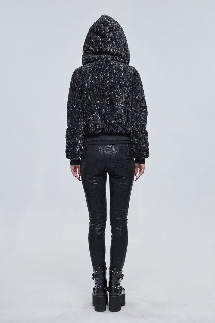 Black/White Two Tone Woolen Grain Fleece Metal Five Pointed Star Zipper Women's Punk Coat - Product - 6