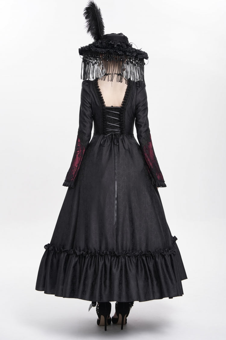 Red Long Sleeves Floral Embroidery Lace-Up Pleated Women's Gothic Dress - Product - 5