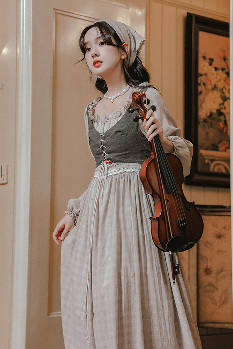 Khaki French Style Round Collar Long Sleeves Printed Classic Vintage Lolita Dress - Product - 11