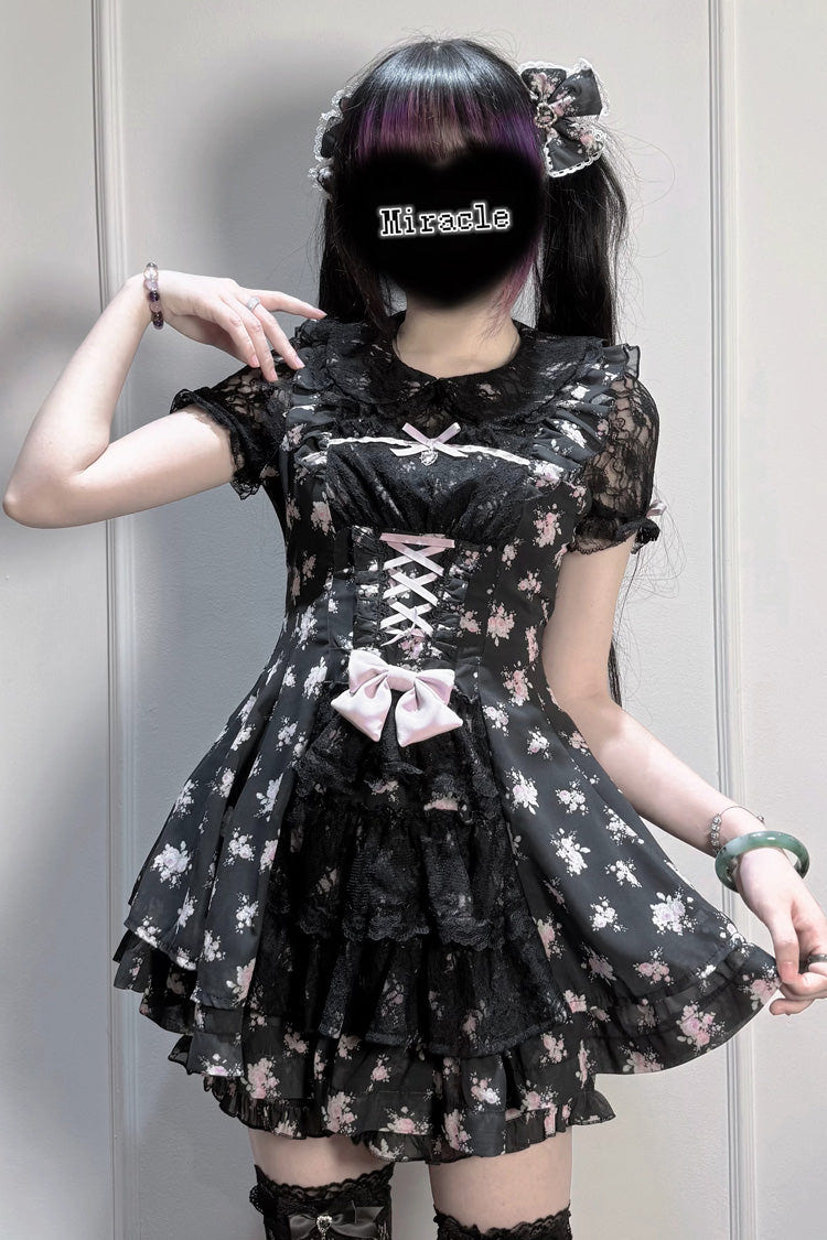 [Rose Letter] Peter Pan Collar Short Sleeves Double-Layered Printed Ruffled Open-Front Lace-Up Sweet Jirai Kei Dress Set 2 Colors - Pink/Black - 10
