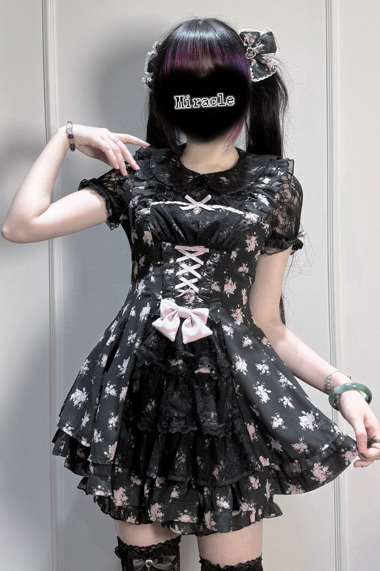[Rose Letter] Peter Pan Collar Short Sleeves Double-Layered Printed Ruffled Open-Front Lace-Up Sweet Jirai Kei Dress Set 2 Colors - Pink/Black - 10