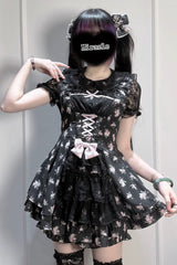 [Rose Letter] Peter Pan Collar Short Sleeves Double-Layered Printed Ruffled Open-Front Lace-Up Sweet Jirai Kei Dress Set 2 Colors - Pink/Black - 10