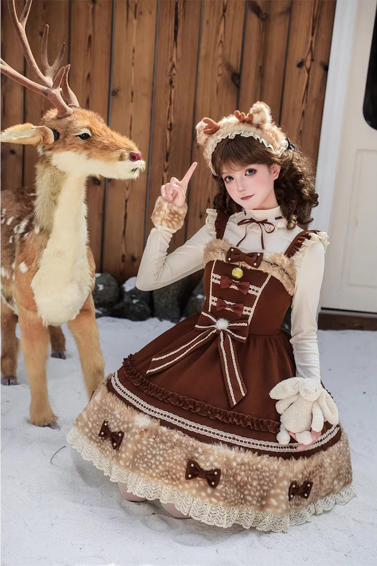 Brown [Hazelnut Moose] Sleeveless Ruffled Bow Plush Sweet Jsk Dress - Product - 4