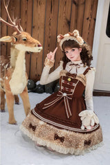 Brown [Hazelnut Moose] Sleeveless Ruffled Bow Plush Sweet Jsk Dress - Product - 4