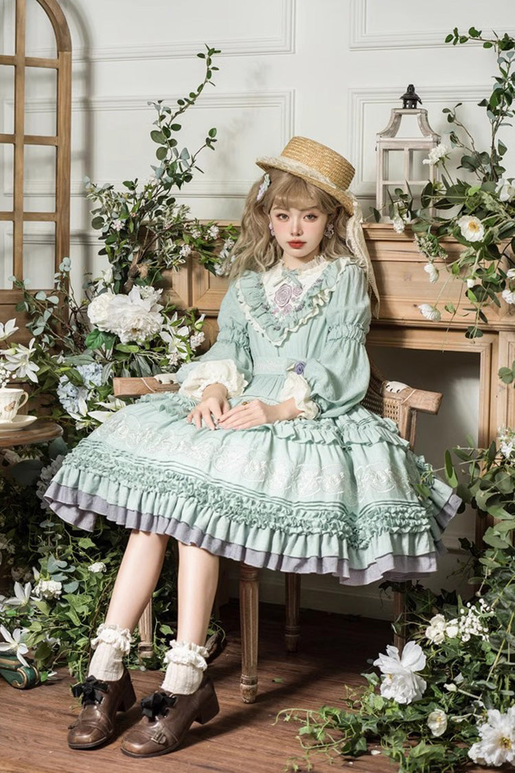 Thorn Rose Long Sleeves Ruffle Bowknot Sweet Princess Lolita Dress 2 Colors - Green - 3