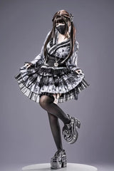 Jirai Kei Long Sleeves Printed Ruffled Lace Studded Gothic Japanese Top and Skirt Set 3 Colors - Product - 8