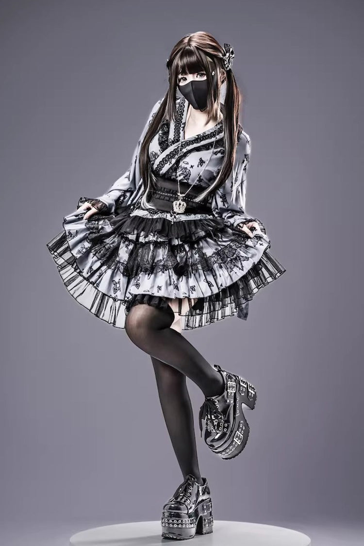 Jirai Kei Long Sleeves Printed Ruffled Lace Studded Gothic Japanese Top and Skirt Set 3 Colors - Product - 8