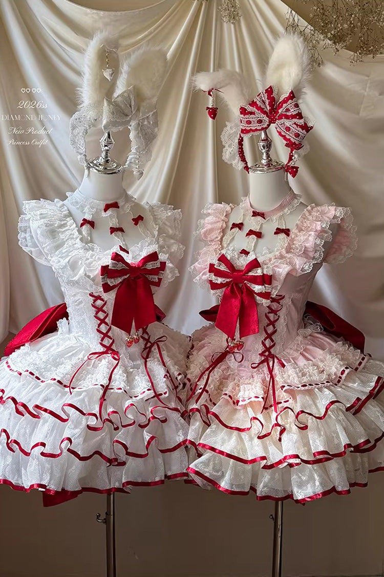 [Cupid Strawberry] Sleeveless Triple-Layered Ruffled Bow Princess Ballet Sweet Lolita Dress 2 Colors - Red/Pink - 1