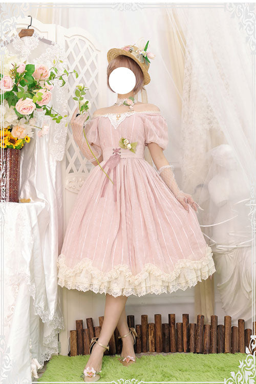 Pink Elegant Vintage Square Collar Short Sleeves Multi-Layer Ruffled Classic Lolita OP Dress - Product - 4