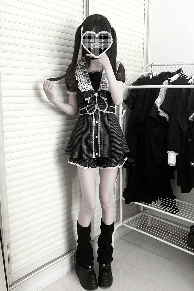 Black [Serenade] Short Sleeves Ruffle Bowknot Lace Sweet Jirai Kei Dress Set - Product - 5