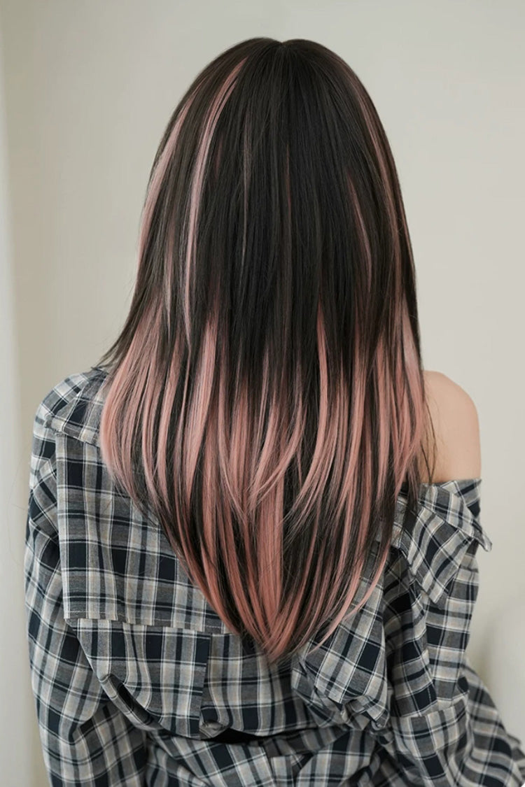 Black/Pink Ombre Fluffy High-Layered Long Straight Wig with Air Bangs - Product - 3