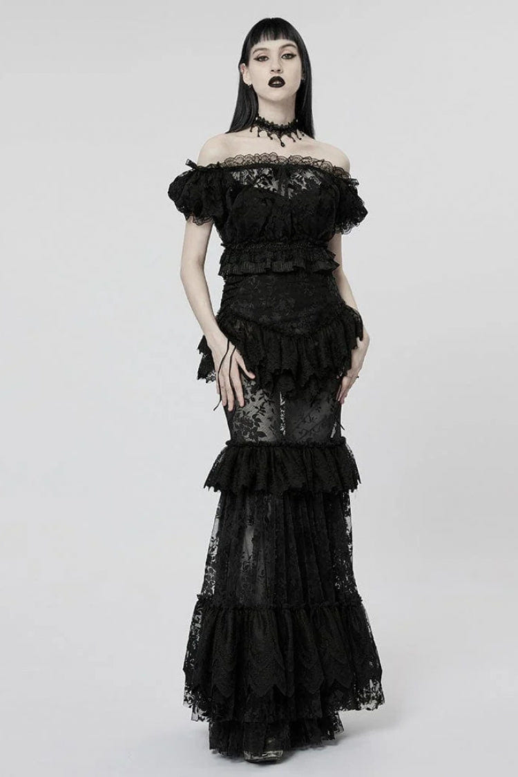 オフショルダー フリル 切り替え レース Sheer レディース ゴシック T-シャツ 2色 商品画像