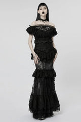 Off Shoulder Ruffle Stitching Lace Sheer Womens Gothic T-Shirt 2 Colors - Product - 4
