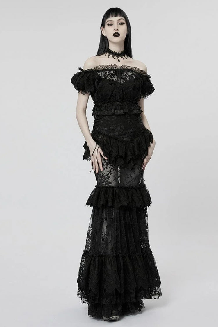 Off Shoulder Ruffle Stitching Lace Sheer Womens Gothic T-Shirt 2 Colors - Product - 4