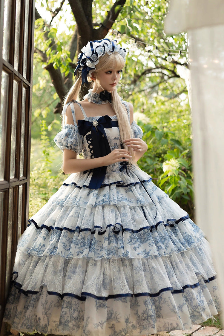 Blue/White Sleeveless Multi-Layered Print Bowknot Fishbone Sweet Classic Chinese Style Lolita Jsk Long Dress - Product - 4