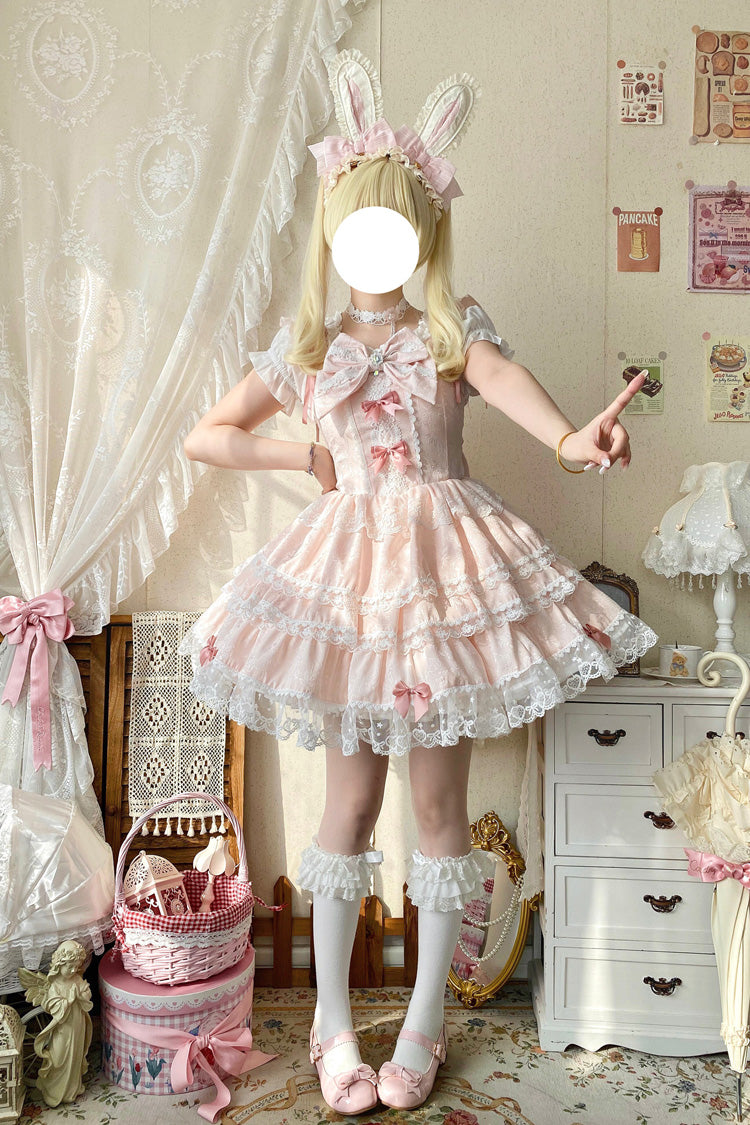 Pink [Sweet Mist Cherry Romance] Sleeveless Multi-Layered Hanayome Bow Lace Lolita Jsk Dress - Product - 3