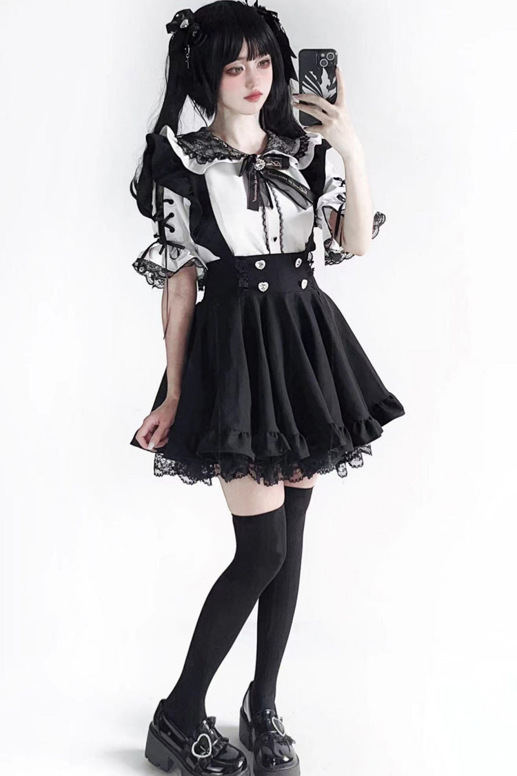 Black Solid Color Ruffle Lace Jirai Kei Japanese Strap Dress - Product - 2