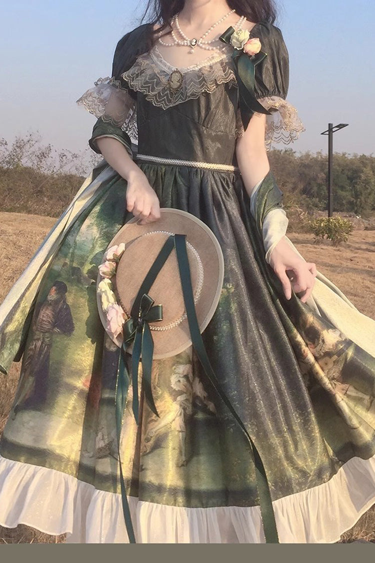 Green Short Sleeves Forest Dance Print Ruffle Sweet Elegant Lolita Dress - Green - 1