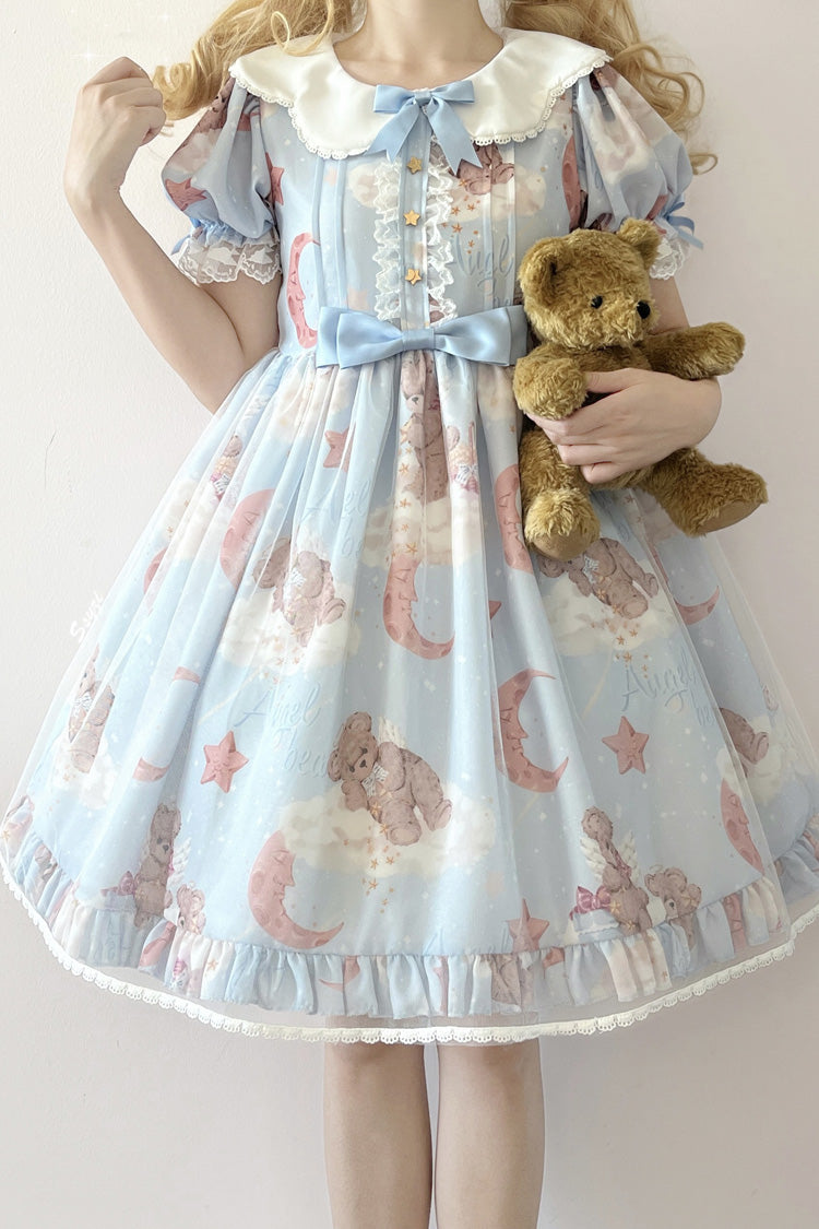 Star Wishing Bear Print Short Sleeves Bowknot Sweet (Dress Only) detail view 7