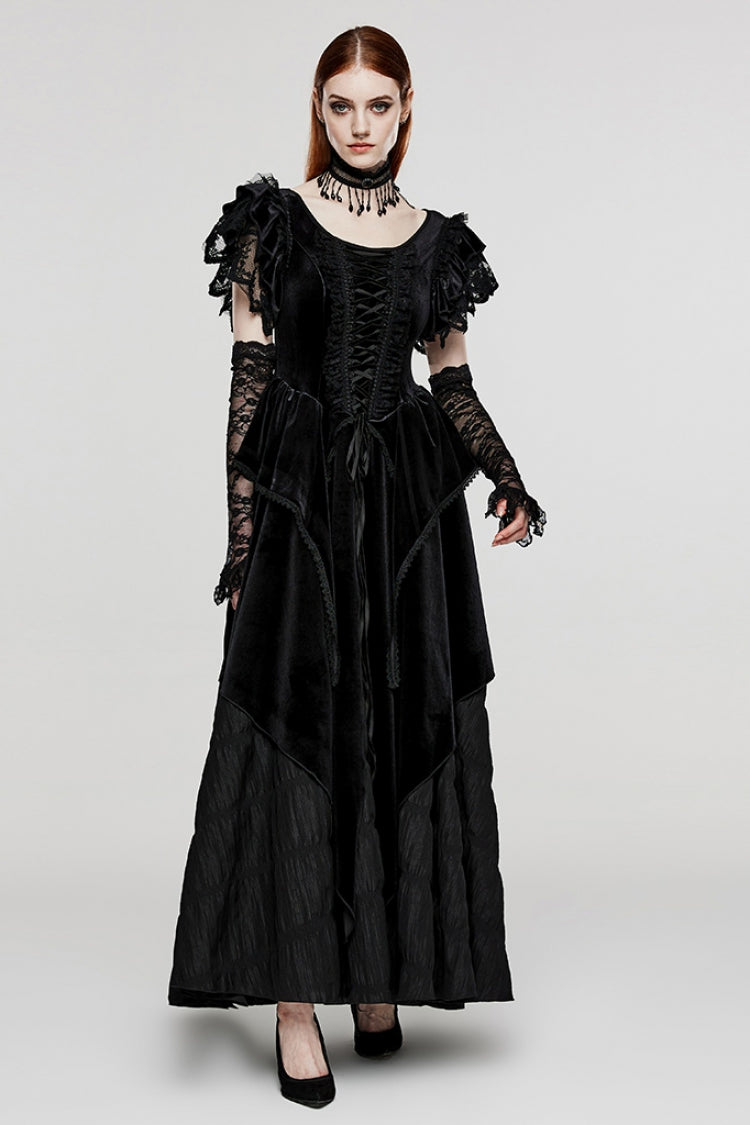 Black V Collar Ruffle Lace Women's Gothic Dress with Oversleeves - Product - 4