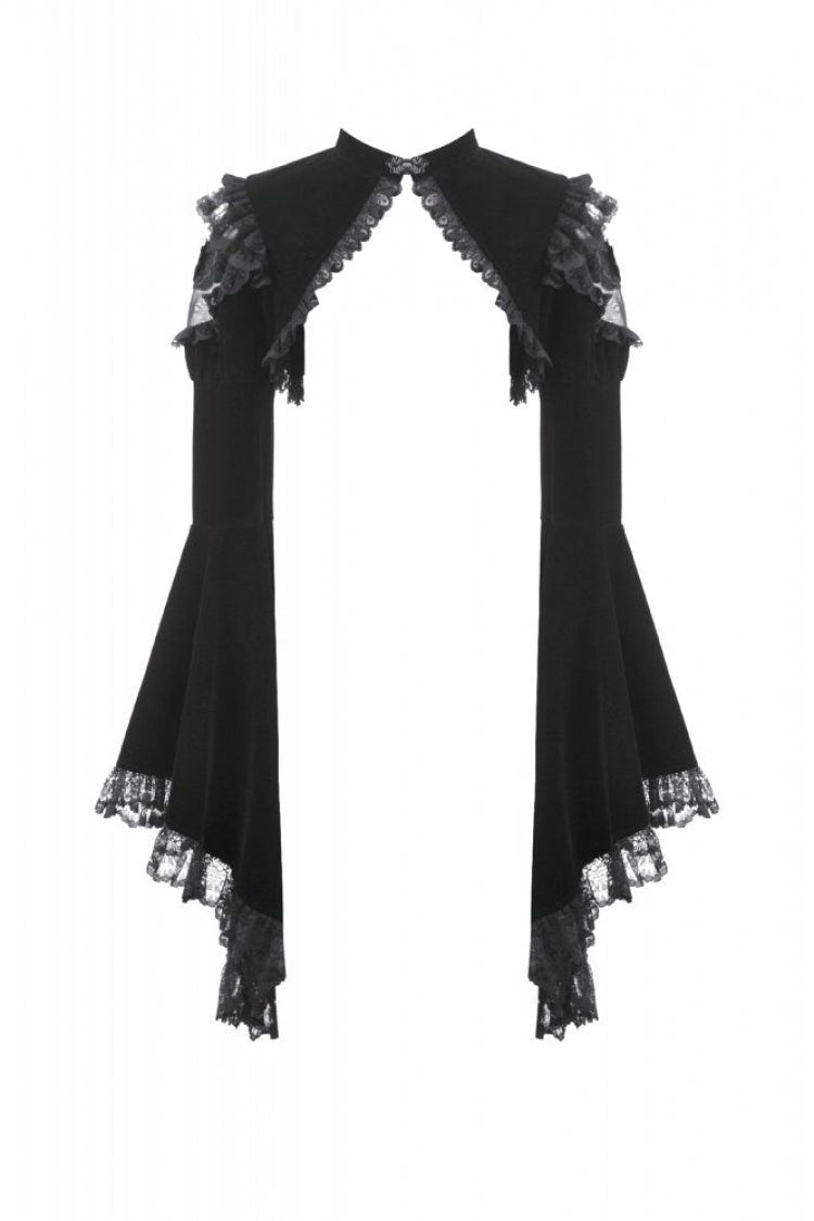 Black Ruffled Lace Long Trumpet Sleeves Floral Sheer Mesh Spliced Velvet Women's Gothic Cape - Product - 3